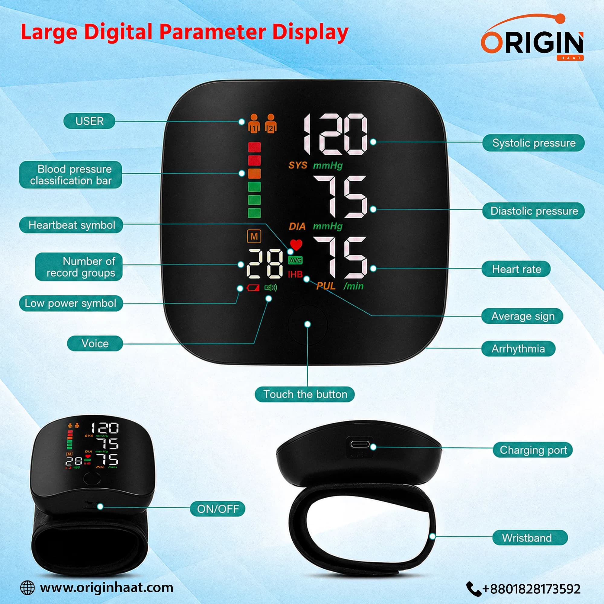 Rechargeable Digital Touch screen Wrist Blood Pressure Monitor